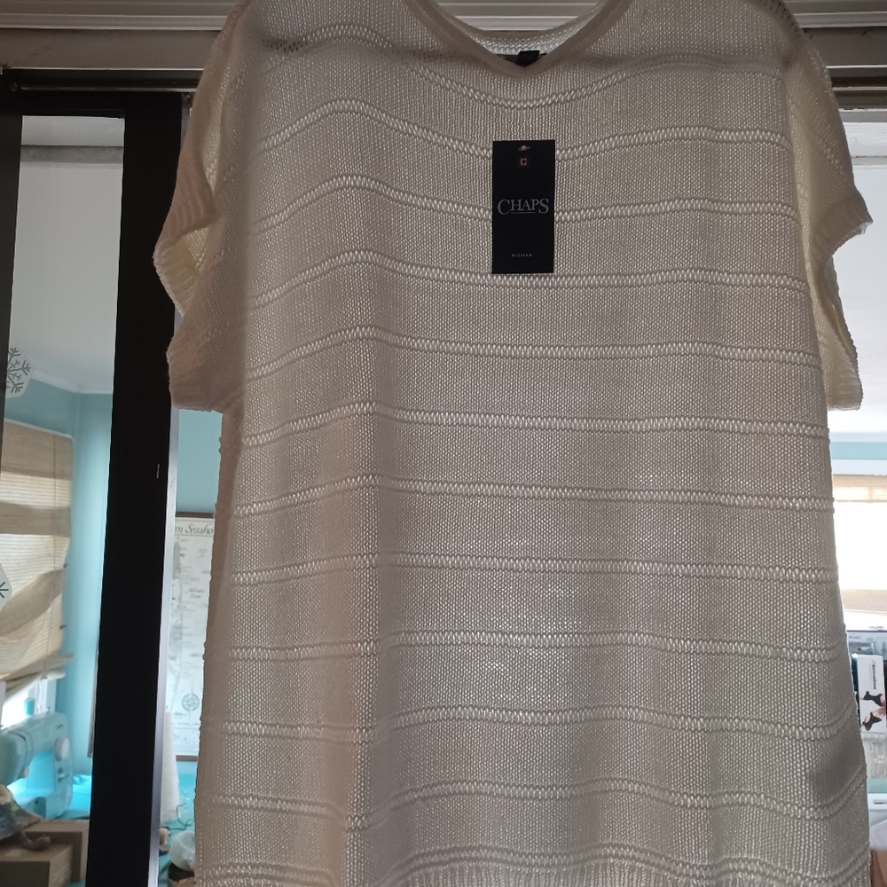 Chaps cap sleeves, white knit pullover sweater